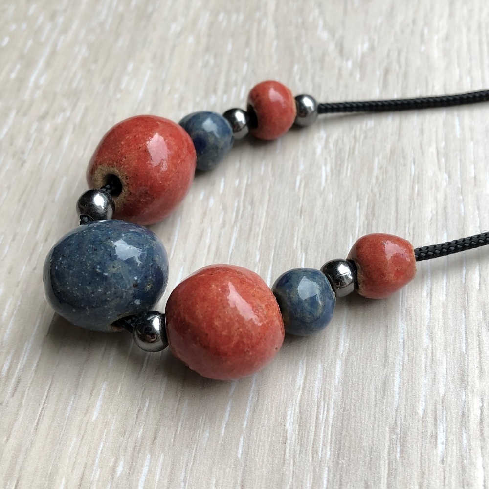 Rust Colored And Blue Statement Ceramic Necklace - image 4